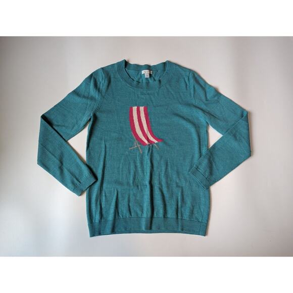 Garnet Hill Women's Medium Sweater Piccadilly Crewneck Beach Chair Wool Blue - Picture 1 of 7